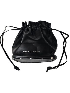 Rebecca Minkoff faux black leather drawstring pouch small silver studs bag case